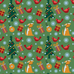 Christmas cartoon icons on green background. Cute design with Christmas tree, cardinal bird, balls and gifts for paper, packaging, background, etc.