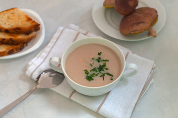 A plate of fresh delicious homemade mushroom cream soup.