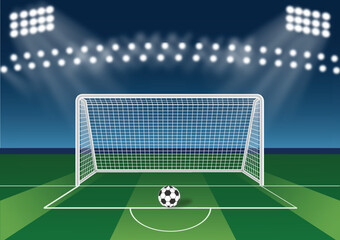 Soccer ball in front of the goalpost, stadium gallery in the background