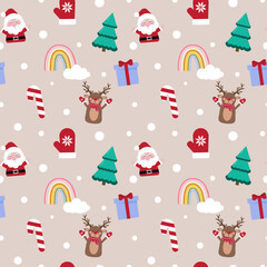 Fototapeta na wymiar Cute cartoon Santa Clause and reindeer seamless pattern.