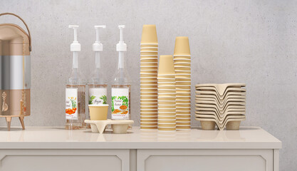 3D render close up stacks of disposable paper cups and snack bowls with stainless steel hot water container with variety of syrup pump bottles on pantry counter. Space, products display backdrop. - obrazy, fototapety, plakaty