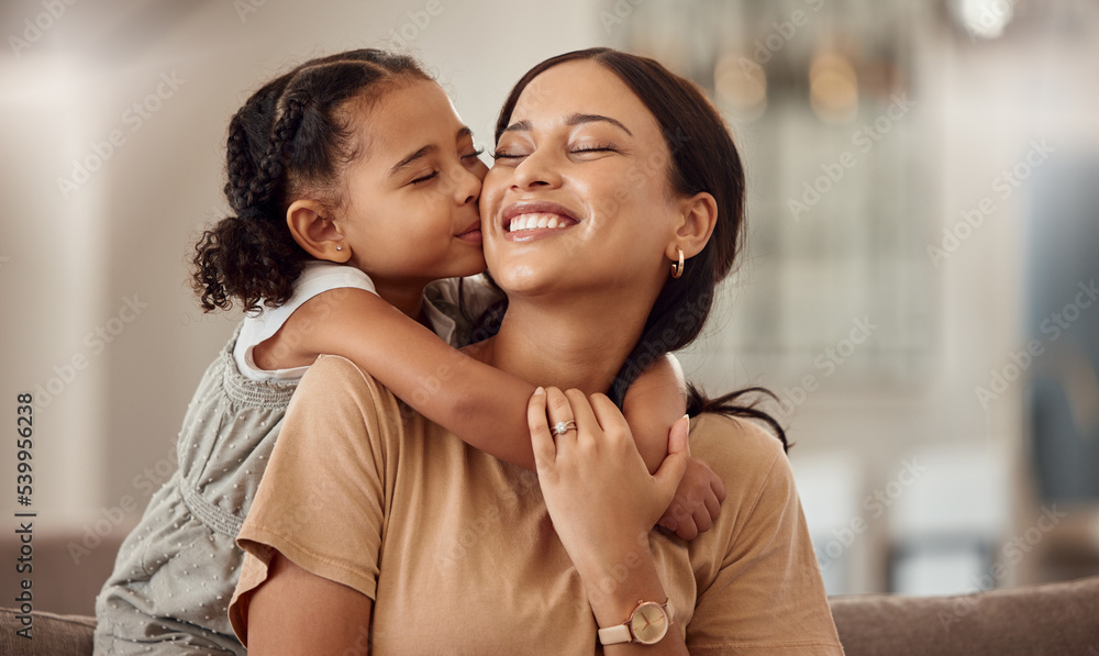 Poster Happy, kiss and hug on mothers day in living room sofa, love and relaxing together in Australia family home. Young girl, smile parent and happiness, quality time and care on lounge couch for fun