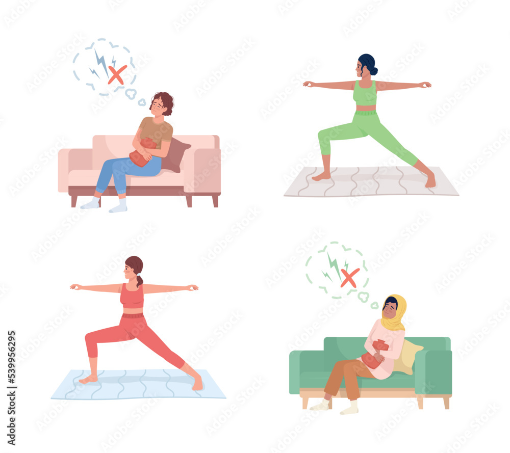 Poster exercises to relieve menstrual pain flat color vector characters set. editable figures. full body pe