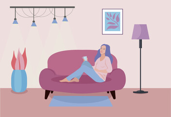 Depressed woman sirring on couch in room of flat, vector illustration.