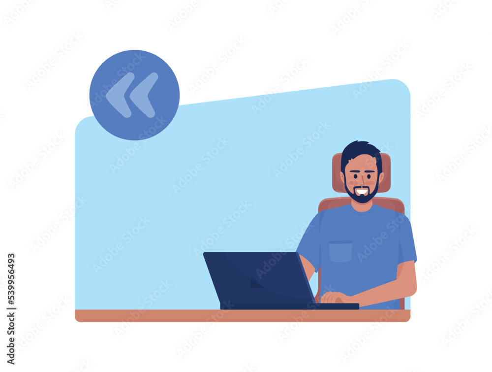 Poster working from home freelancer quote textbox with flat character. flexible remote job. man with laptop