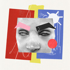Contemporary art collage. Creative bright design. Female face part expressing annoyance, rolling eyes