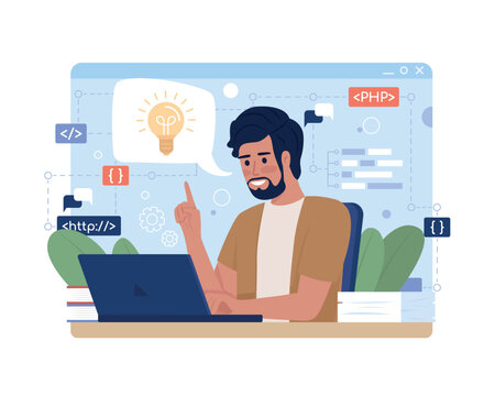 Problem solving in software development 2D vector isolated illustration. Implement solution. Programmer flat character on cartoon background. Colourful editable scene for mobile, website, presentation