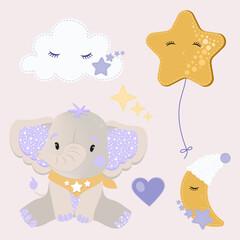 Set of cute baby elephant graphics with cartoon cloud, star shape balloon, half moon and stars.