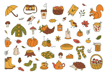 Autumn doodle color set. Cute fall objects and animals.