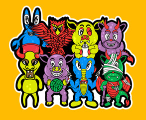 Doodle illustration cute animal character background sticker vector design