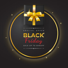 Black Friday sale background banner. Realistic gift boxes gold bow. Gold luxury. Golden text dark background. Template, banner, header website, poster, etc.