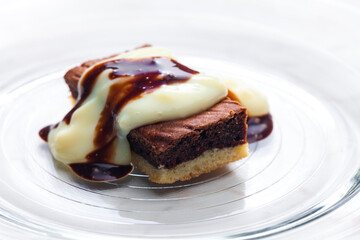 marble sponge cake with creamy custard sauce