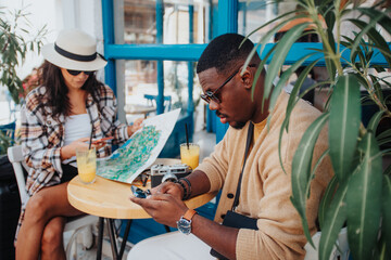 Close up of tourists at the cafe