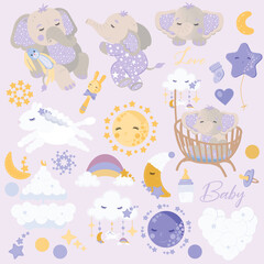 Set of cute cartoon sleepy baby elephant graphics with hand drawn clouds, sun, moon, stars, rainbow, crib and toys.