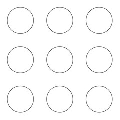 Black circles, polka dot pattern. Nine, 9,  outlined shapes, 3x3 grid. Isolated png illustration, transparent background. Asset for overlay, montage, collage, presentation, mark making.