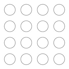 Black circles, polka dot pattern. 16 outlined shapes, 4x4 grid. Isolated png illustration, transparent background. Asset for overlay, montage, collage, presentation, mark making. © Anna