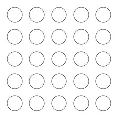 Black circles, polka dot pattern. 25 outlined shapes, 5x5 grid. Isolated png illustration, transparent background. Asset for overlay, montage, collage, presentation, mark making.