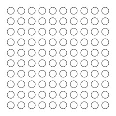Black circles, polka dot pattern. 81  outlined shapes, 9x9 grid. Isolated png illustration, transparent background. Asset for overlay, montage, collage, presentation, mark making.