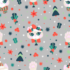 Cute cartoon kitten portraits and paws graphic pattern for gift paper, holiday stationery or notebook cover.