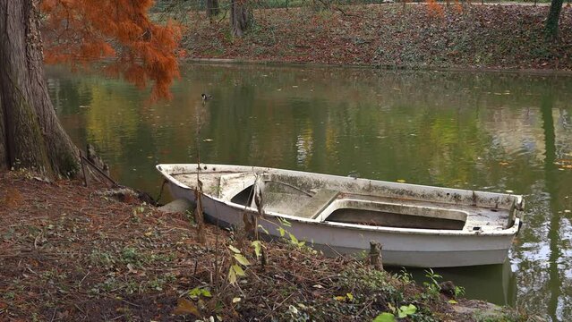 Small wooden white boat in the Jardin Public park on an Autumn day in Bordeaux, France