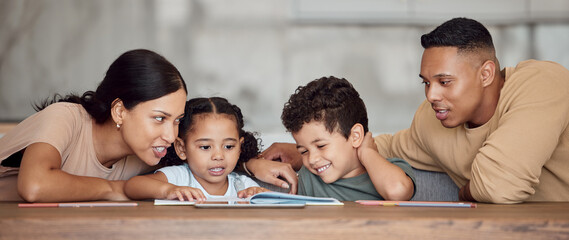 Mom, dad and kids with books for reading, learning and education in home together for bonding. Black family, children and book on desk for study, childhood development and spelling of words in house
