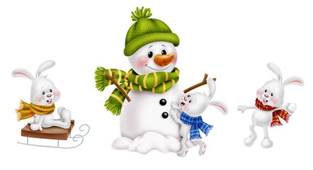 Set of snowman and bunny clipart