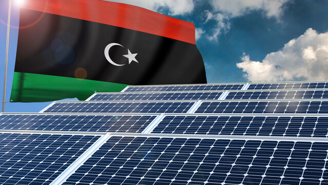 Solar panel, photovoltaic, alternative electricity source - concept of sustainable resources renewable energy Green energy sustainability power flag wave sunset