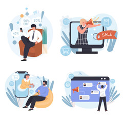 Different types of marketing concept scenes set. Discounts and sales, loyalty programs, gifts to customers, online ad. Collection of people activities. Illustration of characters in flat design