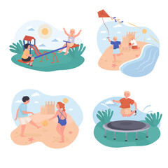 Children play concept scenes set. Boys and girls ride swing, jump on trampoline, fly kite, resting at sea beach. Collection of people activities. Illustration of characters in flat design