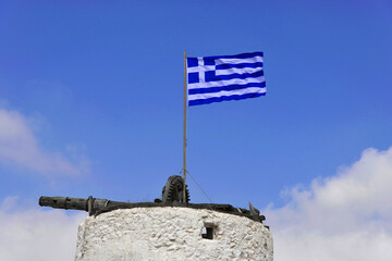 Griechische Flagge, Thira, Santorin, Kykladen, Griechenland, Europa