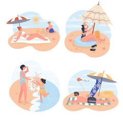 People relaxing on beach concept scenes set. Women and men sunbathe, kids play in sand. Family walks along seashore. Collection of human activities. Illustration of characters in flat design