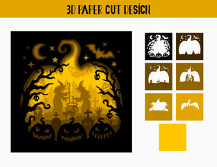 Naklejka premium 3D Halloween shadow box with witches, bats, ghosts. Holiday tunnel card. Vector multilayer template for paper cutting. Light box. Isolated on white background.