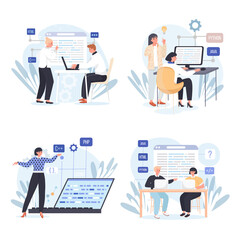 Programming company concept scenes set. Programming teams work with code, build apps, test and maintain program. Collection of people activities. Illustration of characters in flat design