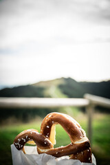 Fototapeta premium Tasty brezel in front of blurry background