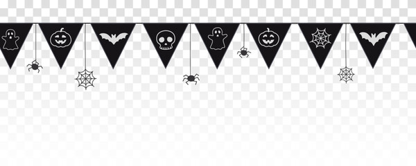 Halloween children black flags garland. Festival seamless banner or border with bats, spider web, ghost and pumpkins. Vector party decoration isolated on transparent background