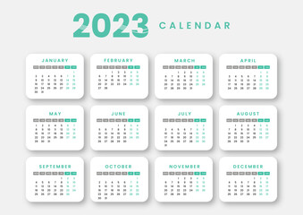 Fototapeta na wymiar New year 2023 modern calendar template week starts monday. English vector calendar layout