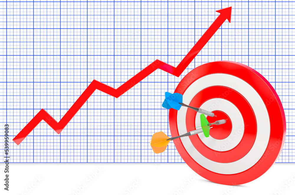 Poster target and arrows with growing chart. 3d rendering