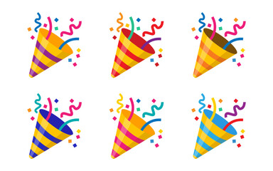 Fototapeta na wymiar Party popper icons in different colors.Confetti logo,congratulate and celebrate elements.Vector party poppers set.Exploding cracker icon.