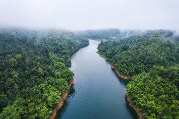 Foggy river and boat sailing in tropical rainforest of abundance ecosystem in the morning