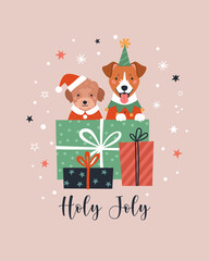 Holly Jolly greeting card. Vector cartoon illustration with two cute cartoon puppies in Christmas costumes looking out from behind gift boxes. Isolated on background