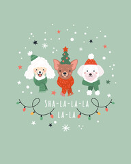 Christmas greeting card. Vector illustration with three cute dog faces in winter and party hats, and scarfs surrounded by snow, stars, and garlands. Isolated on light green background