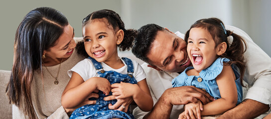 Love, care and parents with happy family of children laughing together at home in Puerto Rico. Mama, father and daughter siblings bonding in house with cheerful affection and excited smile. - Powered by Adobe