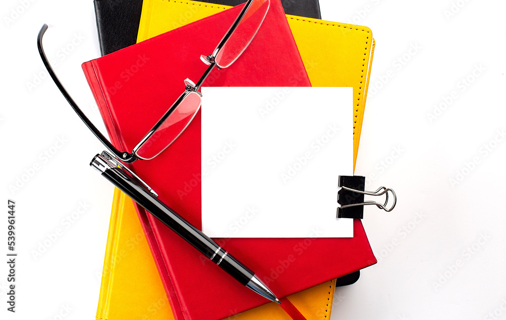Poster composition with notebook, sticky notes on white background