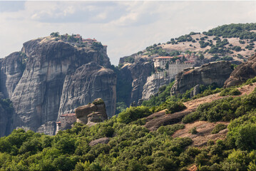 Fototapeta na wymiar With this perfect location on cliff the Varlaam monastery dominates the valley. Meteora, Greece