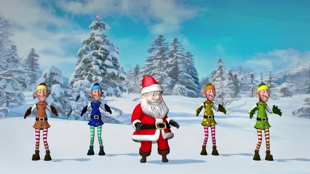 Funny Santa Claus and Elfs are dancing in the Christmas winter forest. The concept of Christmas and New Year. Seamless Loop.
