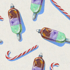 Retro Christmas Seamless Pattern. Christmas oil painting. Christmas tree toy pattern. Ice pattern.  Christmas retro background		