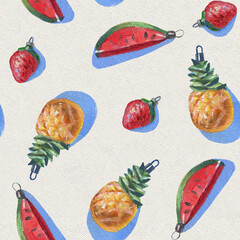 Retro Christmas Seamless Pattern. Christmas oil painting. Christmas tree toy pattern. Fruit pattern.  Christmas retro background	