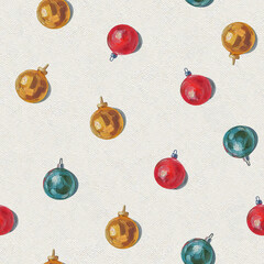 Retro Christmas Seamless Pattern. Christmas oil painting. Christmas tree toy pattern. Christmas retro background	