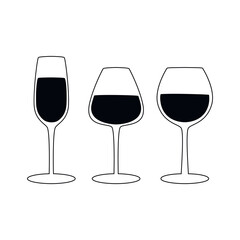 Wine glasses set vector flat drawing illustration. Hand drawn linear silhouette icon. Minimal design element for print, banner, card, wall art poster, brochure, postcard.