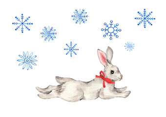 Cute  rabbit with red bow and snowflakes. Watercolor winter illustration for your design. Hand drawn little bunny with snowflakes isolated on  transparent.